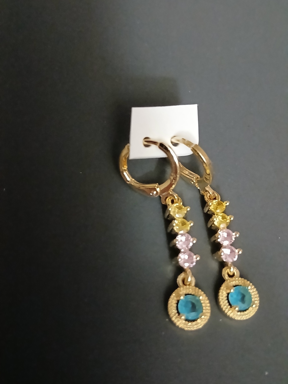 Gold-Tone Multi Gem Drop Hoop Earrings - Blue, Pink & Yellow